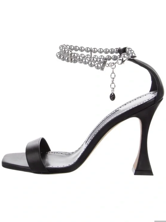 MANOLO BLAHNIK CHARONA black Leather Ankle-Strap Sandals, Silver faux pearls - Picture 7 of 9